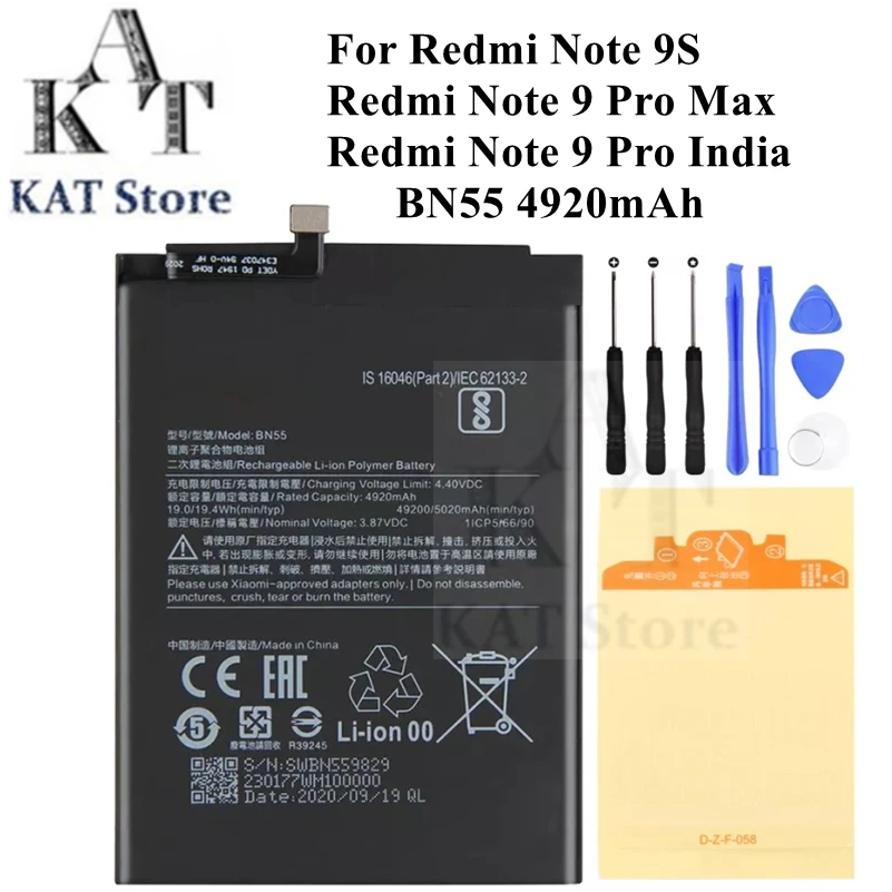 

Мобильный телефон Литий-полимерный аккумулятор для Xiaomi Redmi Note 9S 9 Pro Max Note 9 Pro India BN55 4920mAh, аккумуляторные детали