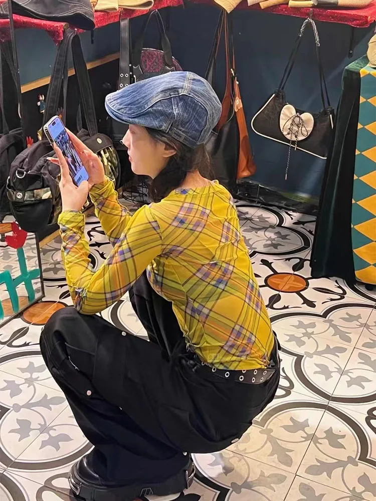 Женские пикантные сетчатые Прозрачные топы в желтую клетку Y2k модные укороченные