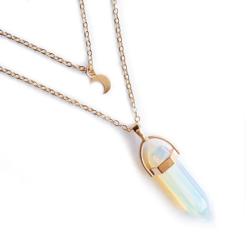 

Healing Chakra Opalite Pointed Hexagonal Pendant Layered Crystal Moon Necklace Gold Metal Chain Choker Jewelry for women Girl