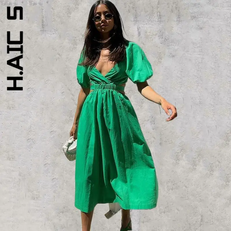 

H.Aic S New Women Dress Lantern Sleeve Backless Maxi Summer Dress Vintage Simple Streetwear Lazy Cheap Dresses Woman Vestidos