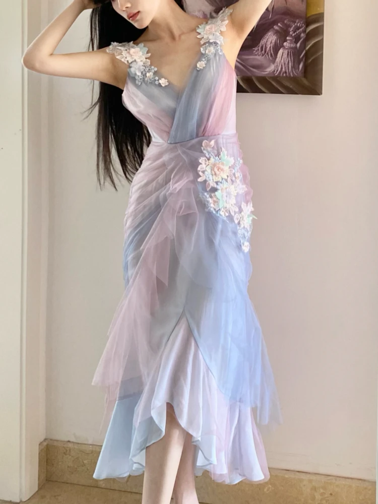 

Женское кружевное платье на бретельках, элегантное асимметричное платье принцессы в Корейском стиле, лето 2022