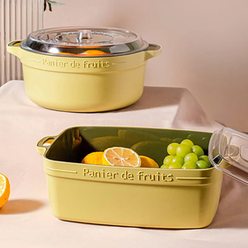 

Kitchen Washing Basket Covered Double Layer Basket Vegetable Fruit Washing Basin Round Rectangle Drain Basket Household Kitchen
