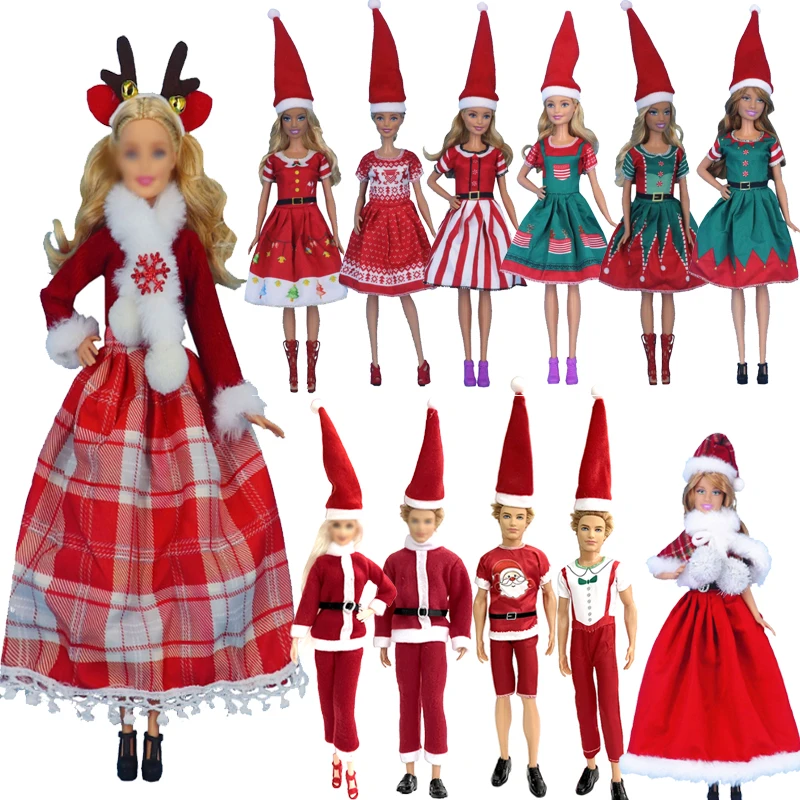 

Handmade Christmas Skirt Family Set Clothes for 30cm Barbie Doll and Ken Holiday Party Dinner Doll House Toy Accessories Gift