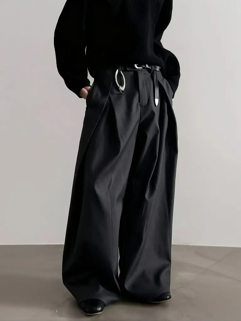 Фото Мужские брюки Harajuku Work Wear: широкие, плиссированные, прямые, длинные, для бизнеса и повседневной носки, в стиле стритвир, свободные, мешковатые №1