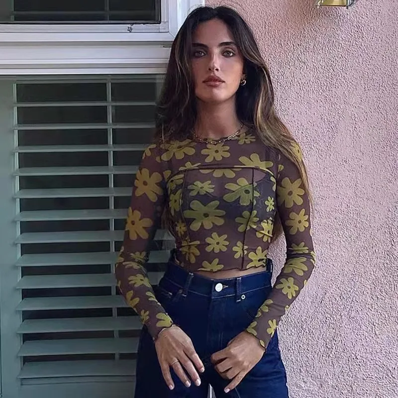 

2022 Autumn New Round Neck Slim Stitching Fashion Printing Long-sleeved Sexy Navel Mesh Top Women