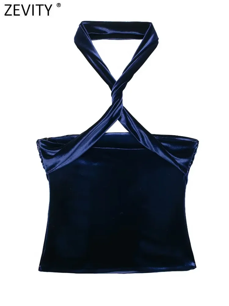 Zevity женская сексуальная бархатная блузка без бретелек с перекрестными ремешками