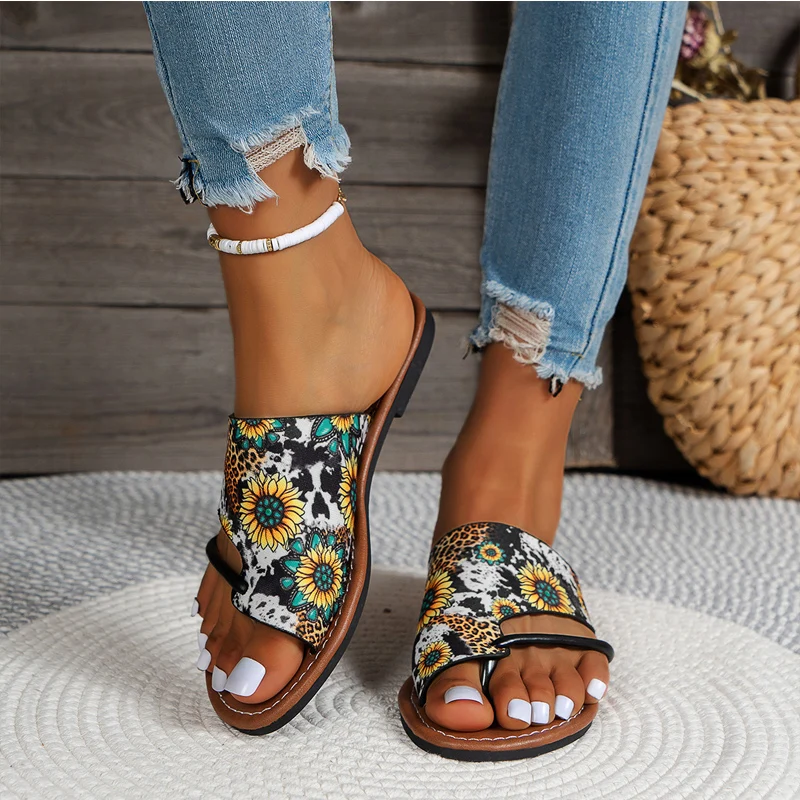Ethnic Print Thong Sandals Woman Stylish Sunflower Flip Flops Ladies Summer Outdoor Casual Flat Open Toe Mule Shoes Plus Size