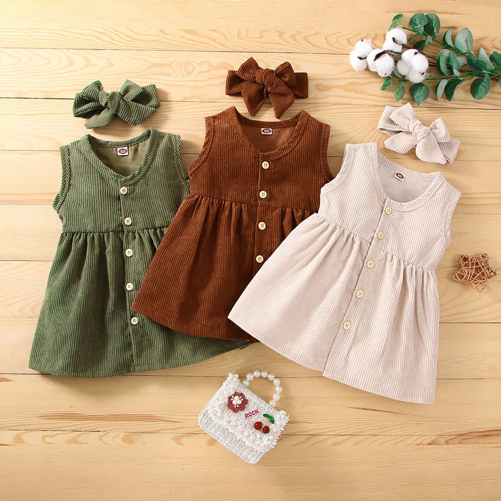 The Latest Solid Dress in 2022, Button Sleeveless Bow Scarf, 100% Polyester, Suitable for 6 Months to 3 Years Old Baby Girls