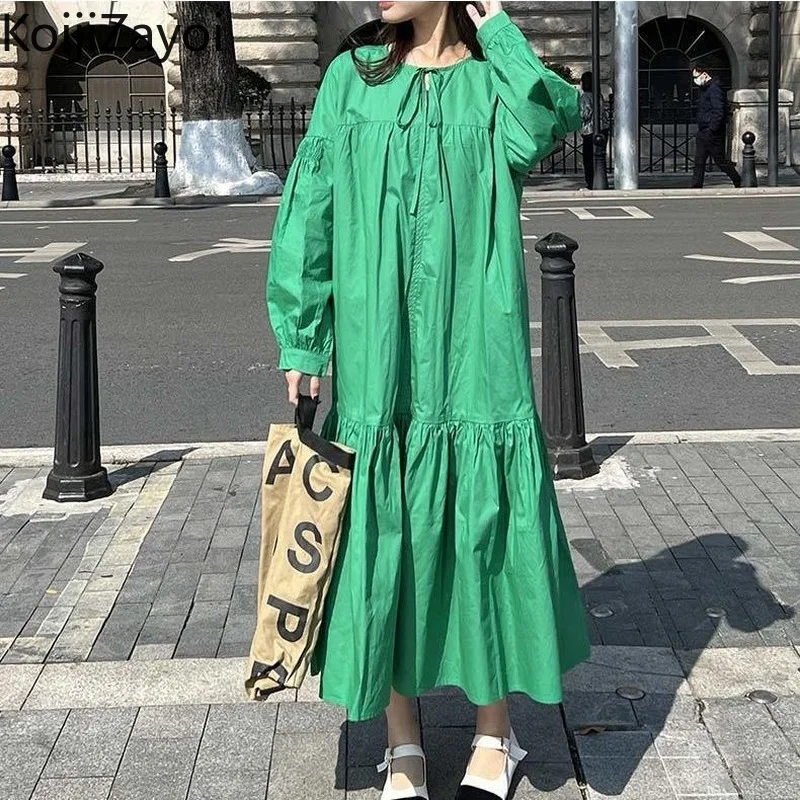 

Koijizayoi women fashion maxi dress long sleeves o neck solid office lady korean casual straight ruffles vestidos 2022 chic robe
