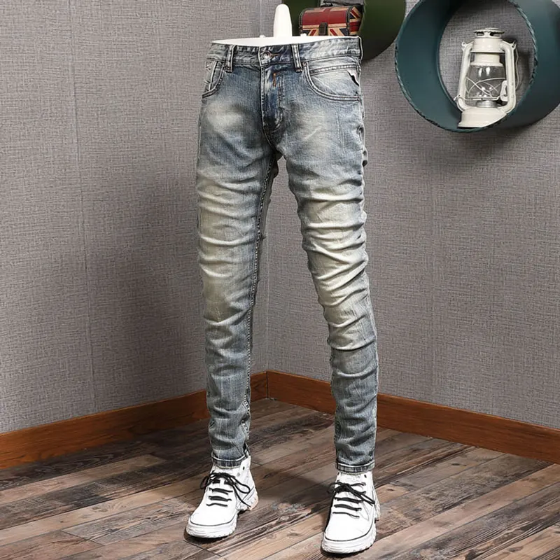 Fashion Designer Men Jeans High Quality Retro Washed Blue Elastic Stretch Slim Fit Ripped Jeans Men Vintage Denim Pants Hombre