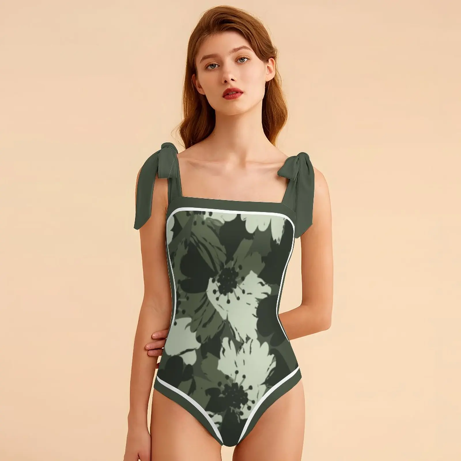 

Женский винтажный Цельный купальник, ремешок с бантом, бикини с квадратным вырезом, пляжная одежда с цветочным принтом, прикрытие на шнуровке, купальник для серфинга