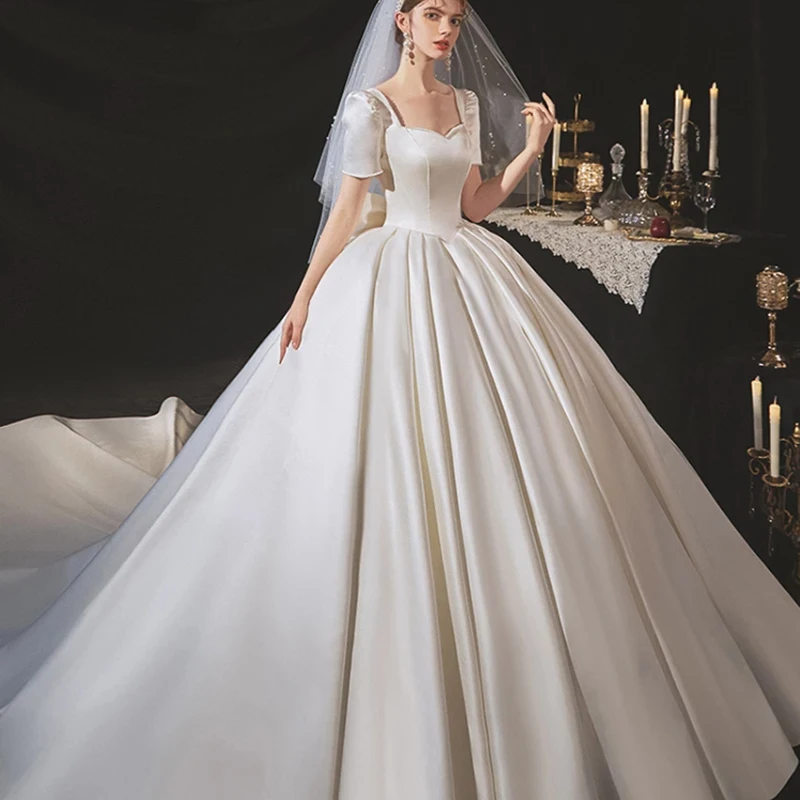 

Wedding Dress With120cm Chapel Train Robe Mariage Pearls Sweetheart Neck Short Sleeve Vestidos De Novia Back Bow Satin Ball Gown
