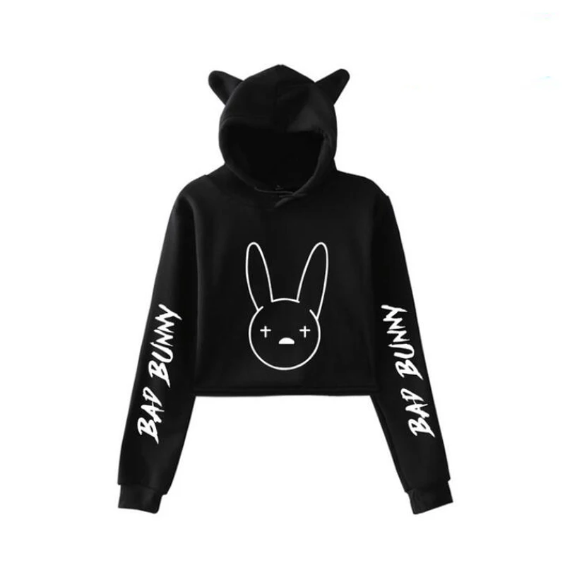 2022 New Rapper Hip Hop Bad Bunny Crop Top Hoodie Long Sleeve Harajuku Cropped Sweatshirt Kawaii Cat Ear Pullover Women Tops