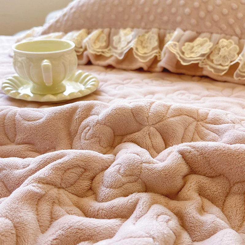 Роскошная розовая утолщенная бархатная юбка для кровати цветочное кружево