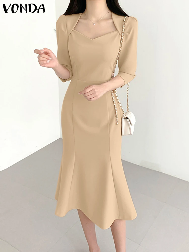 

Женское платье-миди с квадратным вырезом, рукавом-фонариком и квадратным вырезом