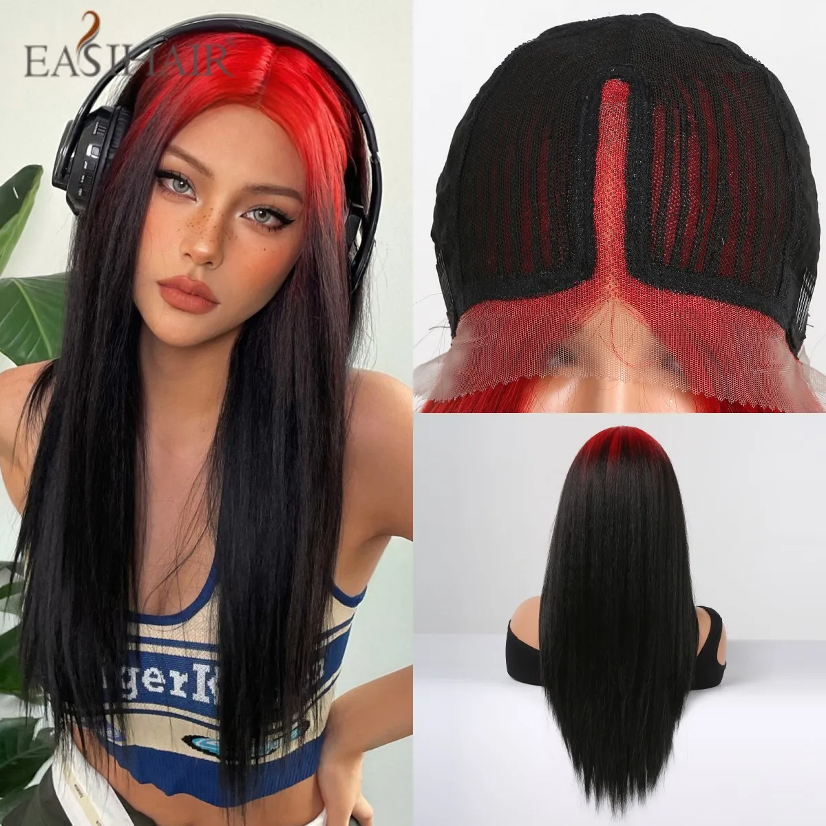 

EASIHAIR парики из кружева Синтетические длинные прямые черные с красной подсветкой парики с высокой плотностью термостойкие парики для женщин