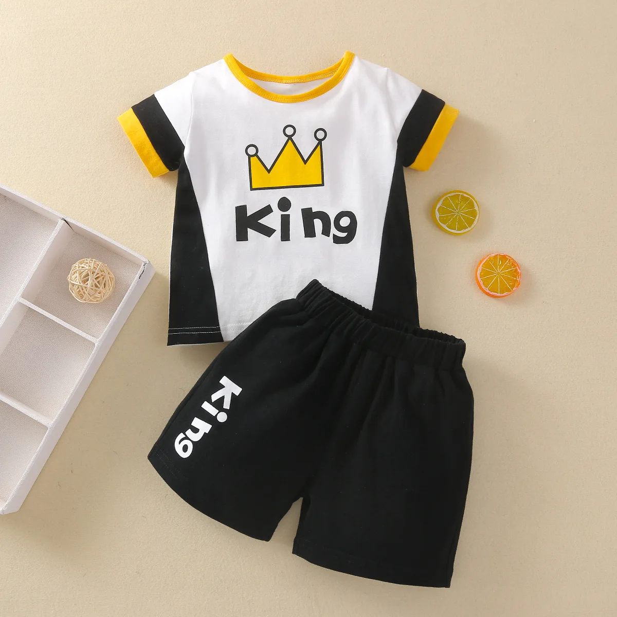 

Baby Boy Clothes Toddler Casual Clothing Sets Children Cartoon King Print T-shirt + Solid Letter Shorts 2pcs Set Infant Outfits