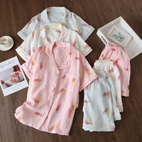 3 colors new spring summer pure cotton gauze pajamas for women short sleeve shorts turn down collar sleepwear female home suits