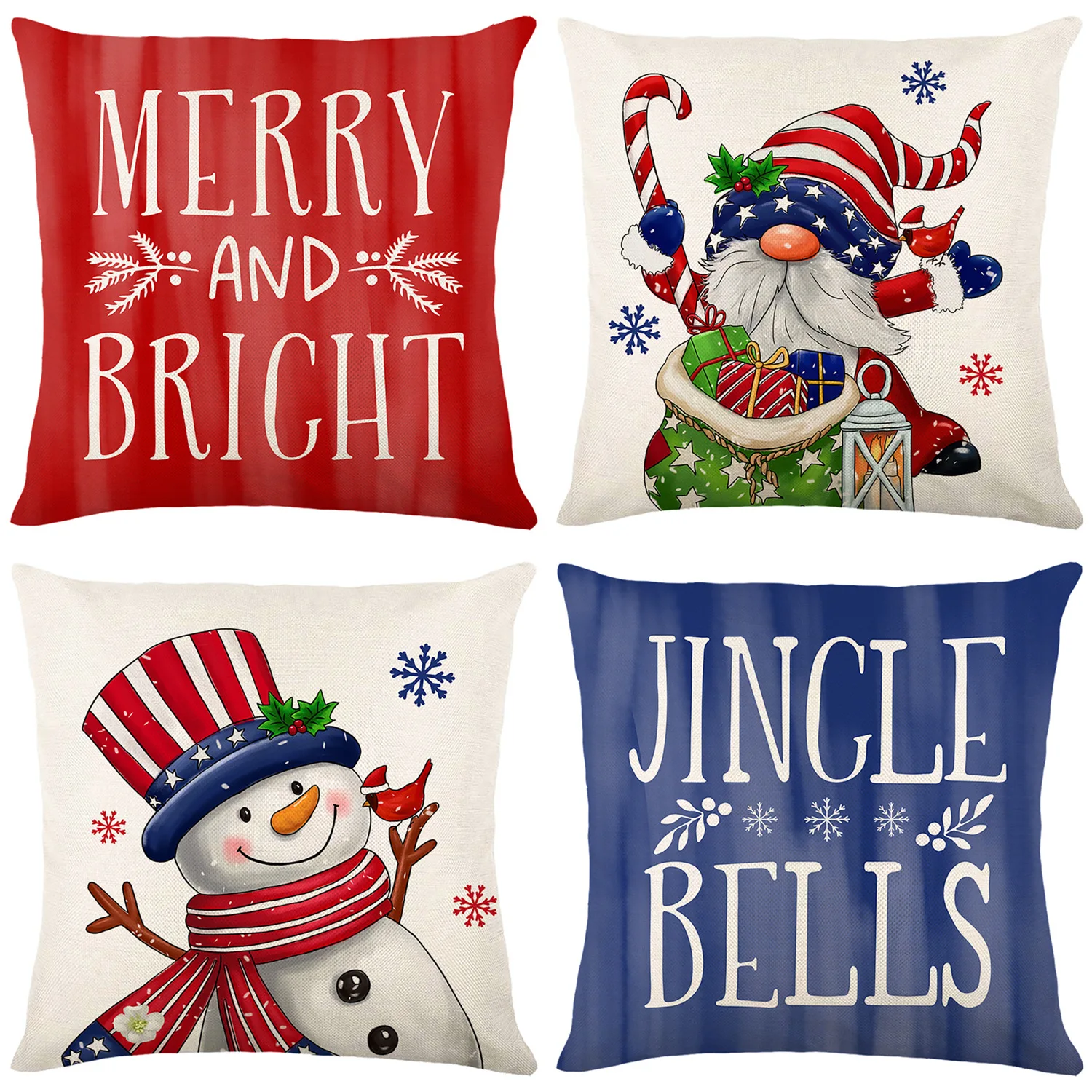 

Christmas Decorating Pillow Covers 18x18 inches Set of 4 for Home Decor Stars And Stripes Snowman Throw Pillow Cushion Cases