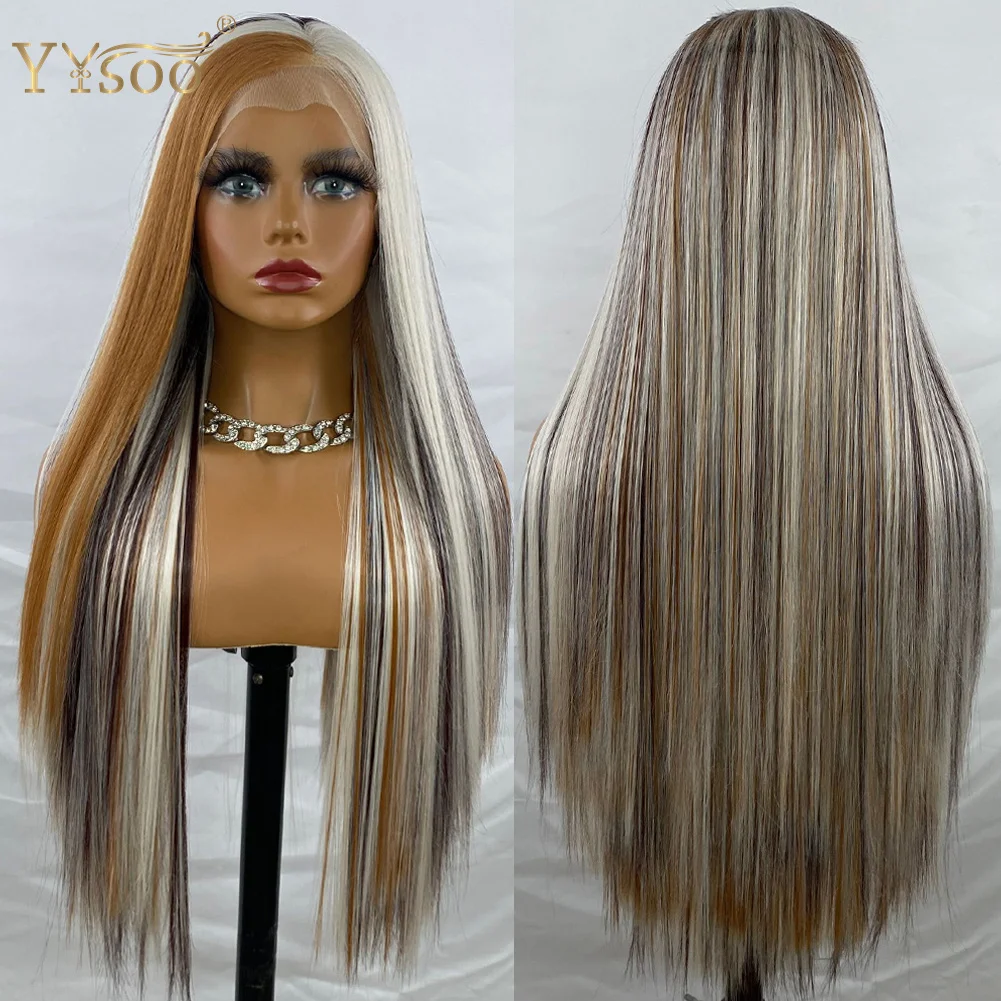 YYsoo Long Mixed Color Pre Plucked Futura Synthetic Hair13x4 Lace Front Wigs For Women Highlights Glueless Silky Straight Wigs