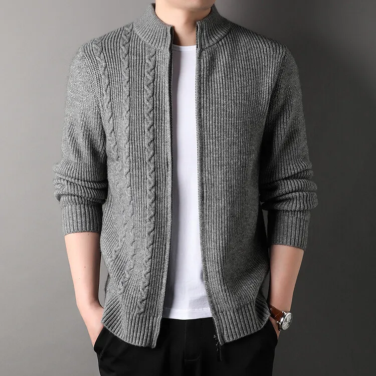 Мужской трикотажный кардиган на молнии однотонный плотный с воротником-стойкой