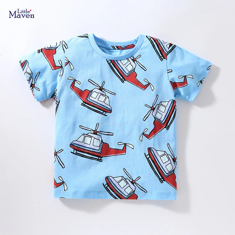 

HIBYHOBY/2023 летняя одежда; Хлопковая Футболка; Топы с принтом вертолета; Детская Повседневная Удобная дышащая одежда для детей; От 2 до 7 лет