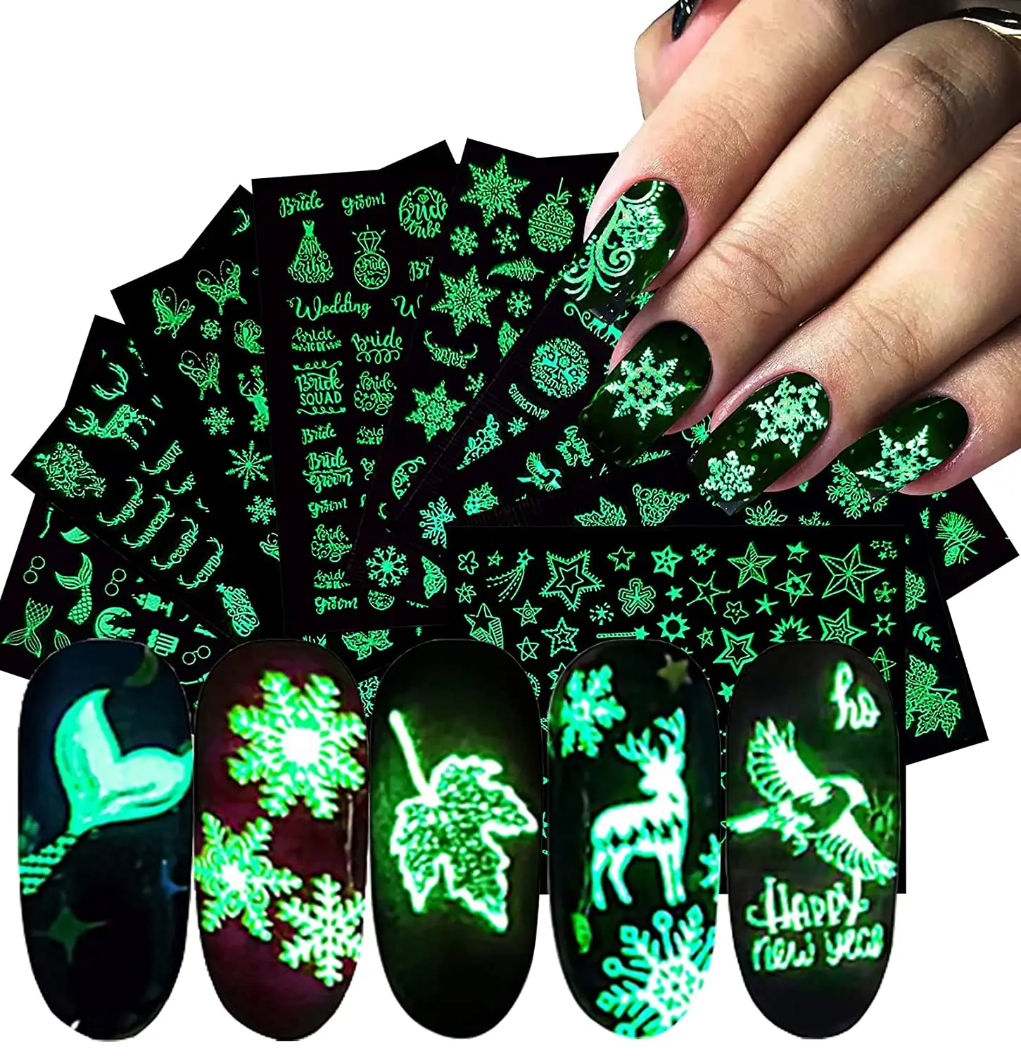 

16 Sheets Luminous Nail Art Stickers Christmas Decals Nail Foils Fluorescent Glow in The Dark Xmas Party Design Manicure Sliders