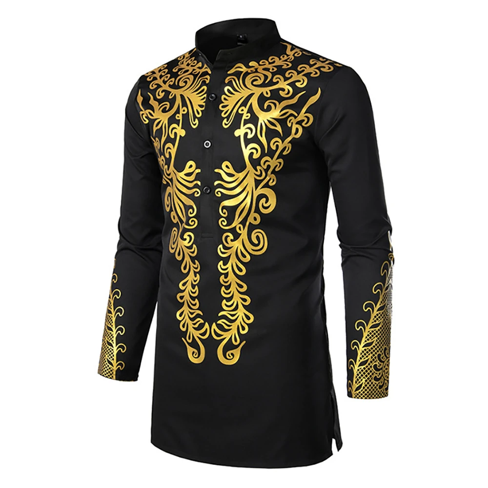 

Muslim Men's Fashion Print Shirt Indian Islam Stand Collar Casual Pullover Middle East Arab Button Long Sleeve Tops 2023 New