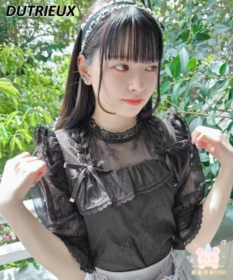 

Short Sleeve Shirt for Women Rojita Japanese Style Women Blouse Lace Up Lace Stitching Fashion 2023 New Summer Lady Tops