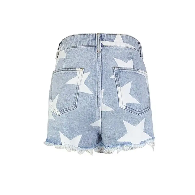 Women's 2022 summer summer street INS net red star print pattern raw fringed tassel light blue denim shorts spot images - 6