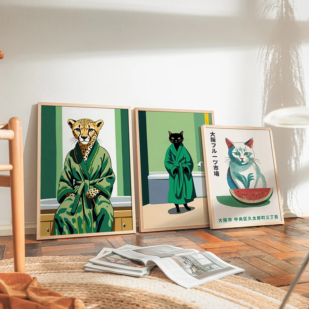 Милый Постер с котом и банным халатом кошка в японском стиле Неко причудливый