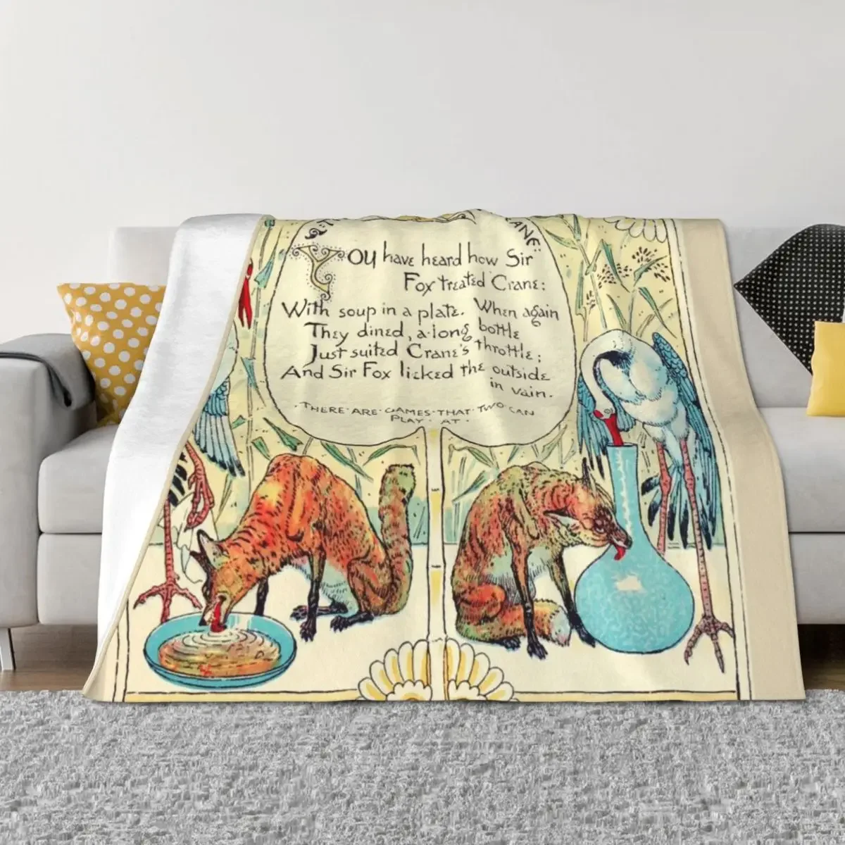 Фото RED FOX AND THE CRANE Art Nouveau Aesop Fables Плед для дивана Симпатичные лохматое одеяла для сна №2