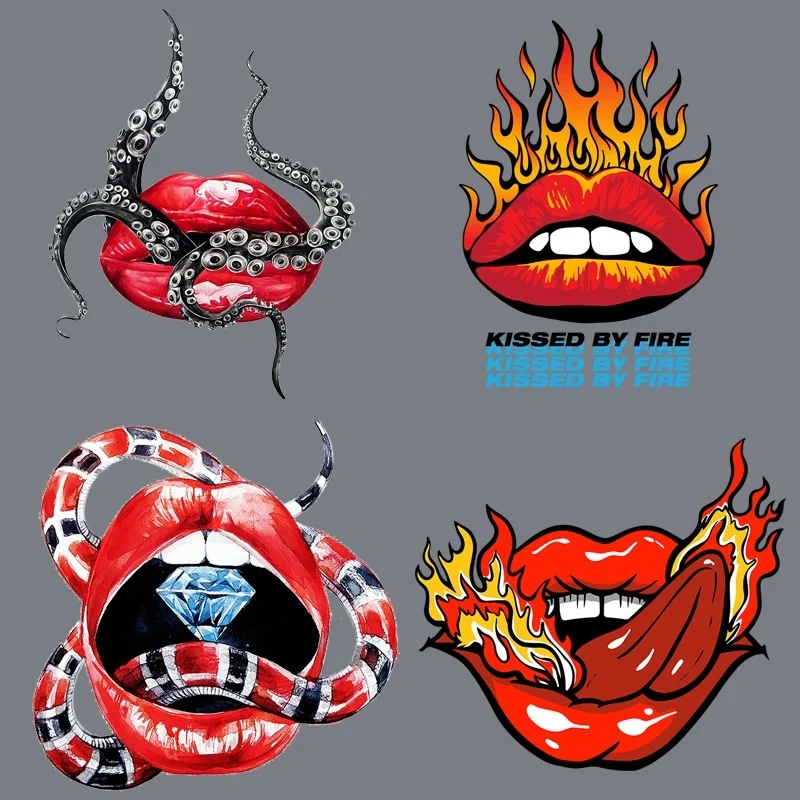

Iron Can Be Customized on Women's Clothing T-shirts Cool Hot Movie Monster Flame Red Lips Diamond Printing Heat Transfer DIY