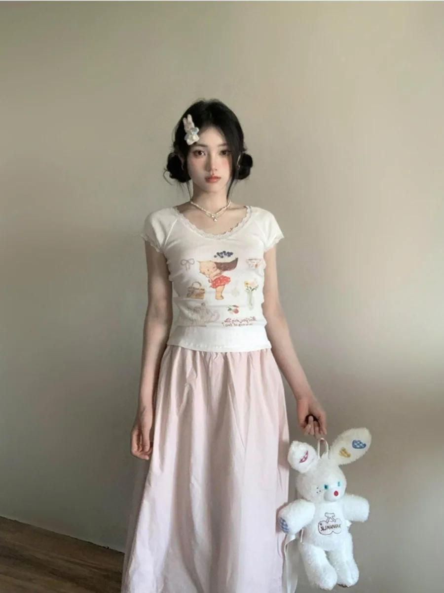 Кружевная кружевная милая футболка с короткими рукавами женская летняя