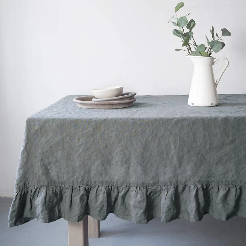 

Скатерть из 100% чистого льна с воланами, моющаяся скатерть для свадебной вечеринки, банкета, украшение для стола