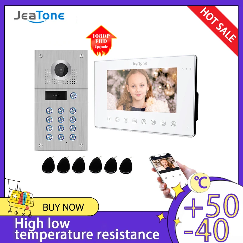 Jeatone 1080P Tuya WiFi Video Intercom RFID Code Keypad Doorbell Cam 7 Inch Home Security Video Door Phone Access Control System