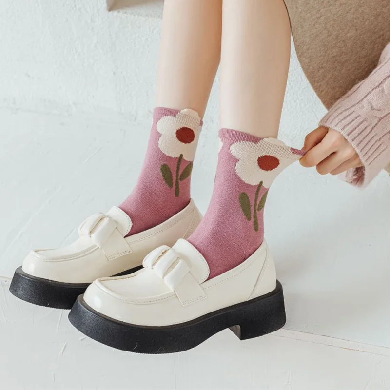 5 Pairs Fruit Print Wool Socks Women Love Heart Keep Warm Winter Socks Set Thick Long Leg Warmers Kawaii Socks Woman Fashion New