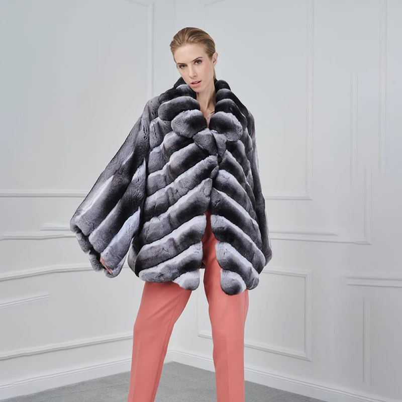 Genuine Lapel Bat Sleeve Rex Rabbit Fur Jacket Women Winter New Warm Loose Tops 2022 New Strip Sewed Natural Fur Coat Female enlarge
