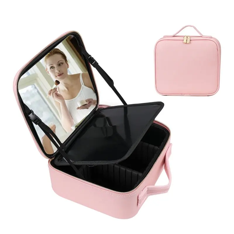 

Makeup Bag with Mirror of LED Lighted,Travel Makeup Train Case Cosmetic Bag Organizer with Adjustable Dividers,Makeup Case with