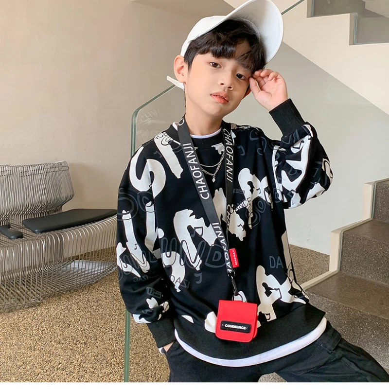 

Teen Boys Hoodies Spring Autumn Fashion New Sweatshirts Kids Long Sleeves Fake Two Piece Letter Printed Tracksuit 6 8 10 12 Yrs