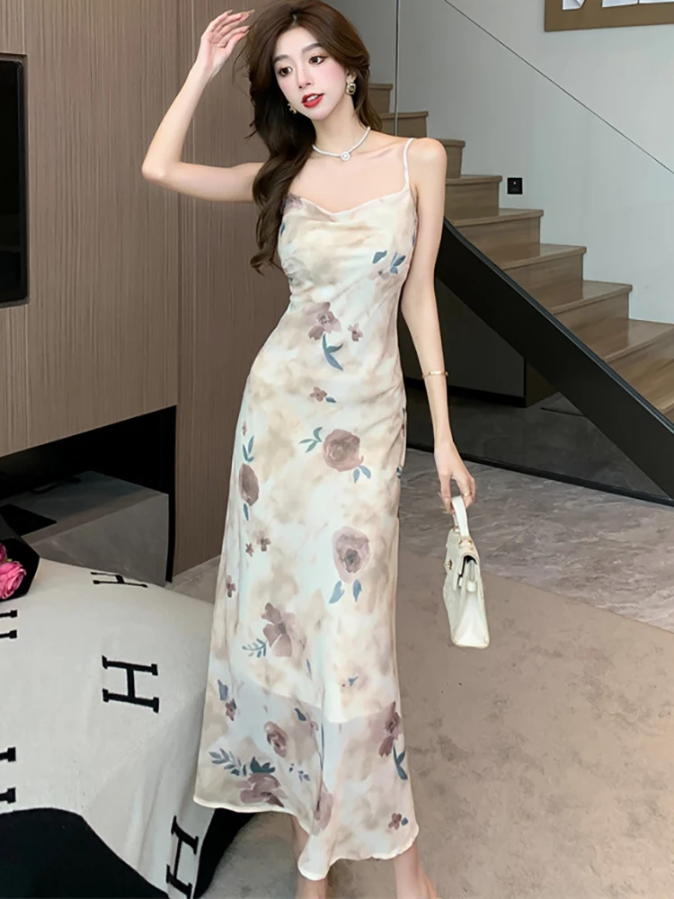 Женское шифоновое платье на бретельках повседневное элегантное длинное