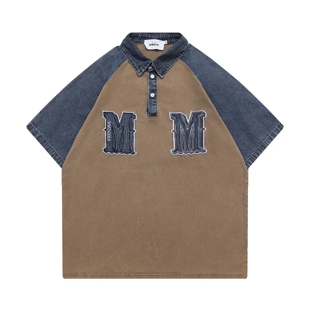 

Men's Loose Fit T-Shirt with American Summer Style Jeans Patchwork, Polo Collar, Letter Embroidery, Washed-out and Short Sleeves