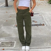street style cowgirl cargo pant womens high waist straight basic solid casual jeans slim loose pocket army green denim trousers