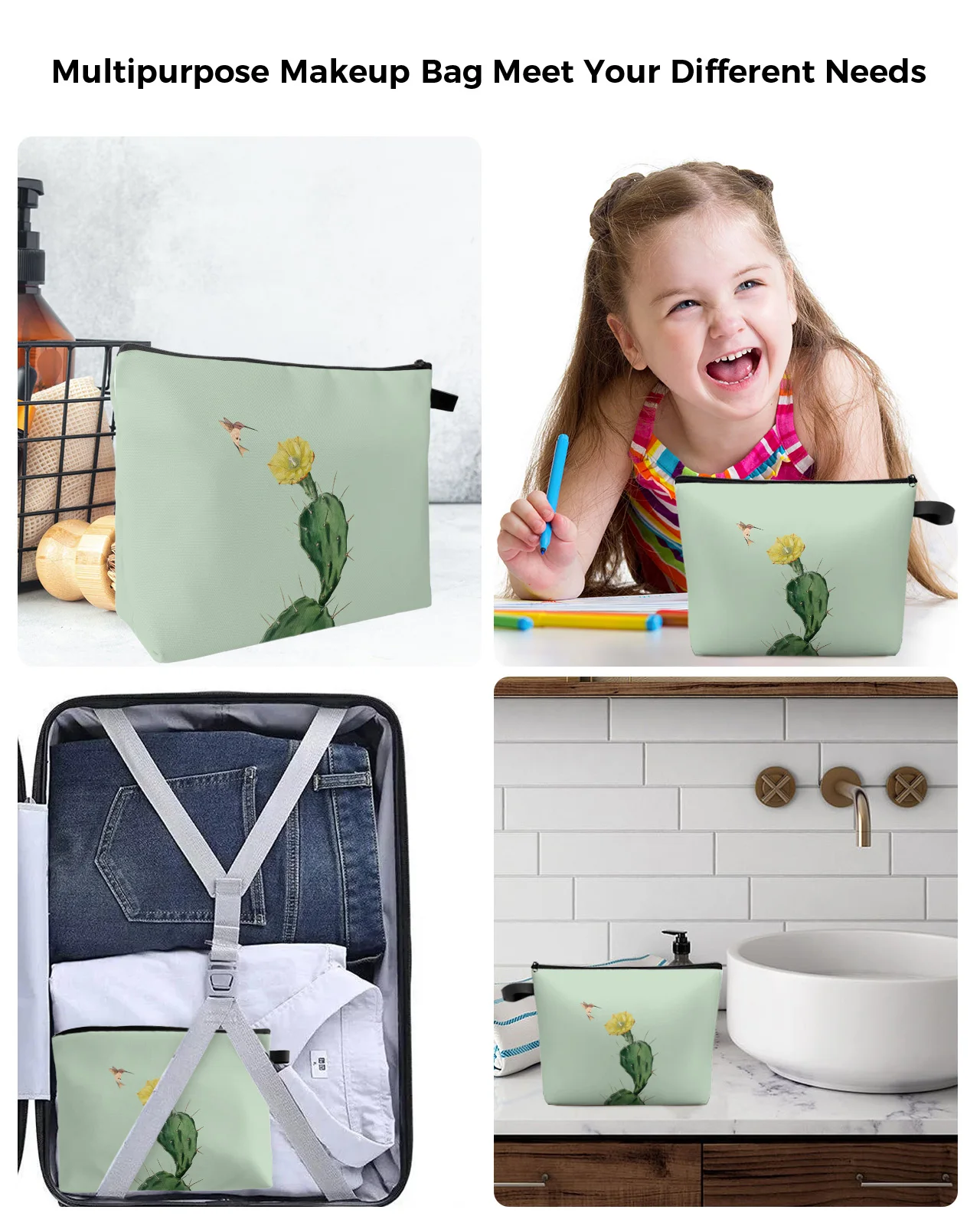 Сумка для косметики С КАКТУСОМ желтым цветком и колибри