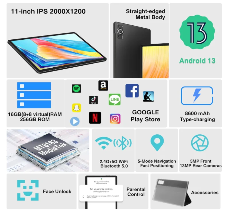 ПК Планшет 12 дюймов Android 13 16 ГБ ОЗУ 256 ПЗУ TF 1 ТБ Восьмиядерный 2 0 ГГц Google GMS Bluetooth 5G WiFi