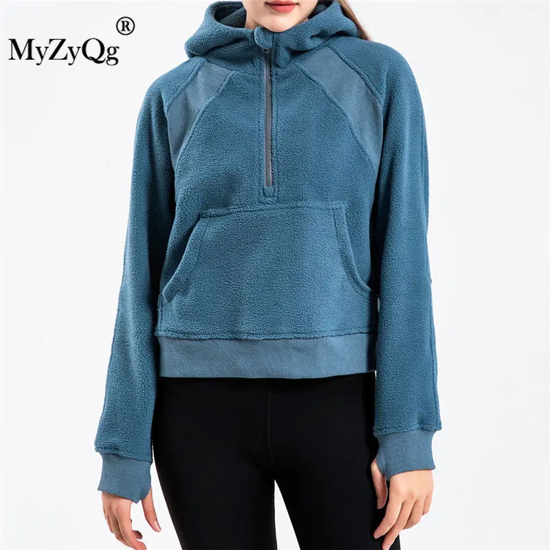 

MyZyQg женские короткие флисовые спортивные толстовки с капюшоном с полумолнией для йоги бега утепленная куртка для фитнеса