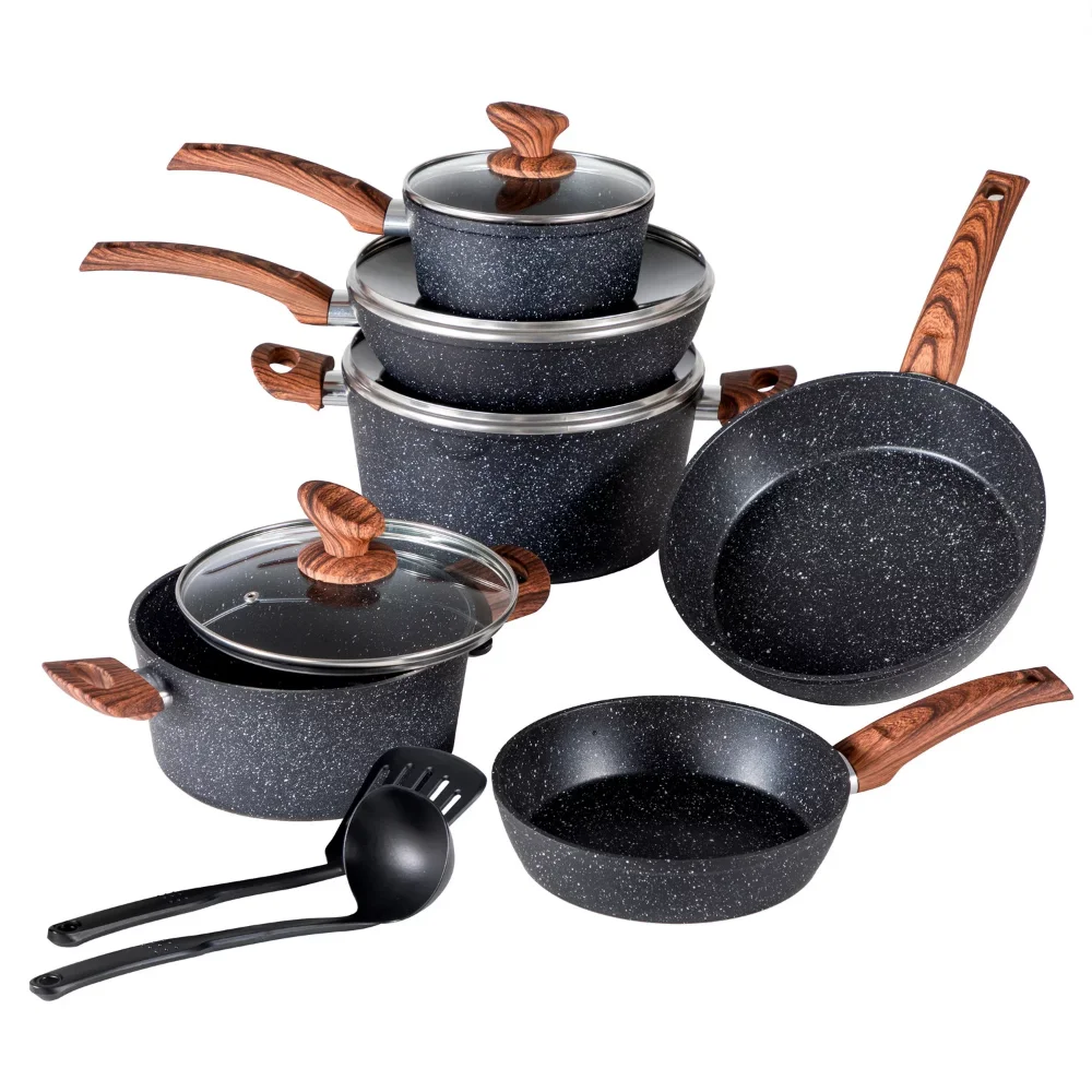 

MF Studio 12 Pieces Cookware Set Granite Nonstick Pots and Pans Dishwasher Safe Black