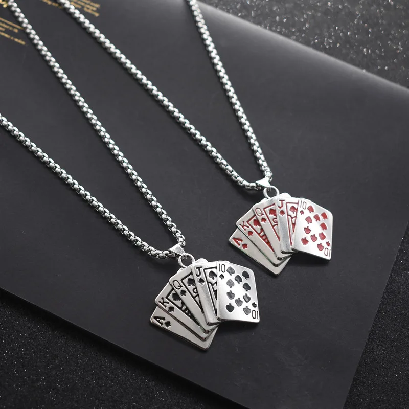 

New Men Statement Poker Lucky Ace of Spades Pendant Necklace Red Black Silver Color Stainless Steel Long Chain Necklaces Jewelry