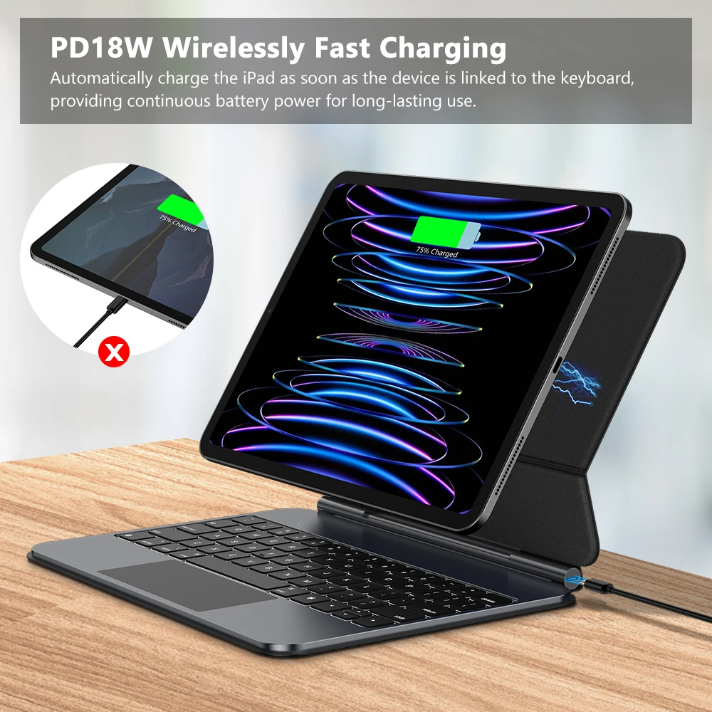 Фото GOOJODOQ Чехол с волшебной клавиатурой для iPad Pro 11 M4, iPad Air 4/5/6 Smart Pogo Pin PD18W, сквозной зарядный смарт-трекпад с жестами №3