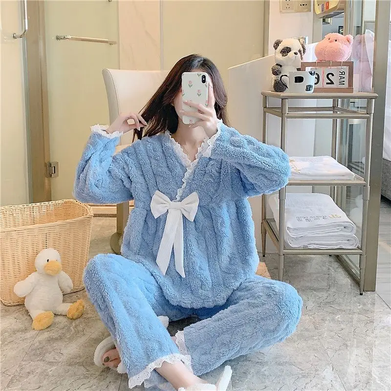 Women's Pajamas Autumn And Winter Thickened Fashionable Lapel Pajamas Suit Long Sleeve Cardigan Suit Plus Size Home Clothes